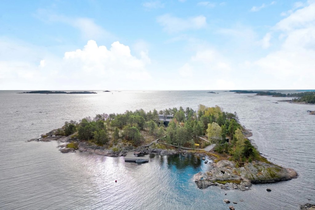 aerial view of private island property in Finland