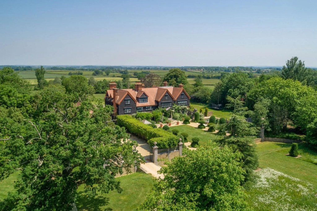 aerial view of Wiltshire estate with manicured gardens and gates