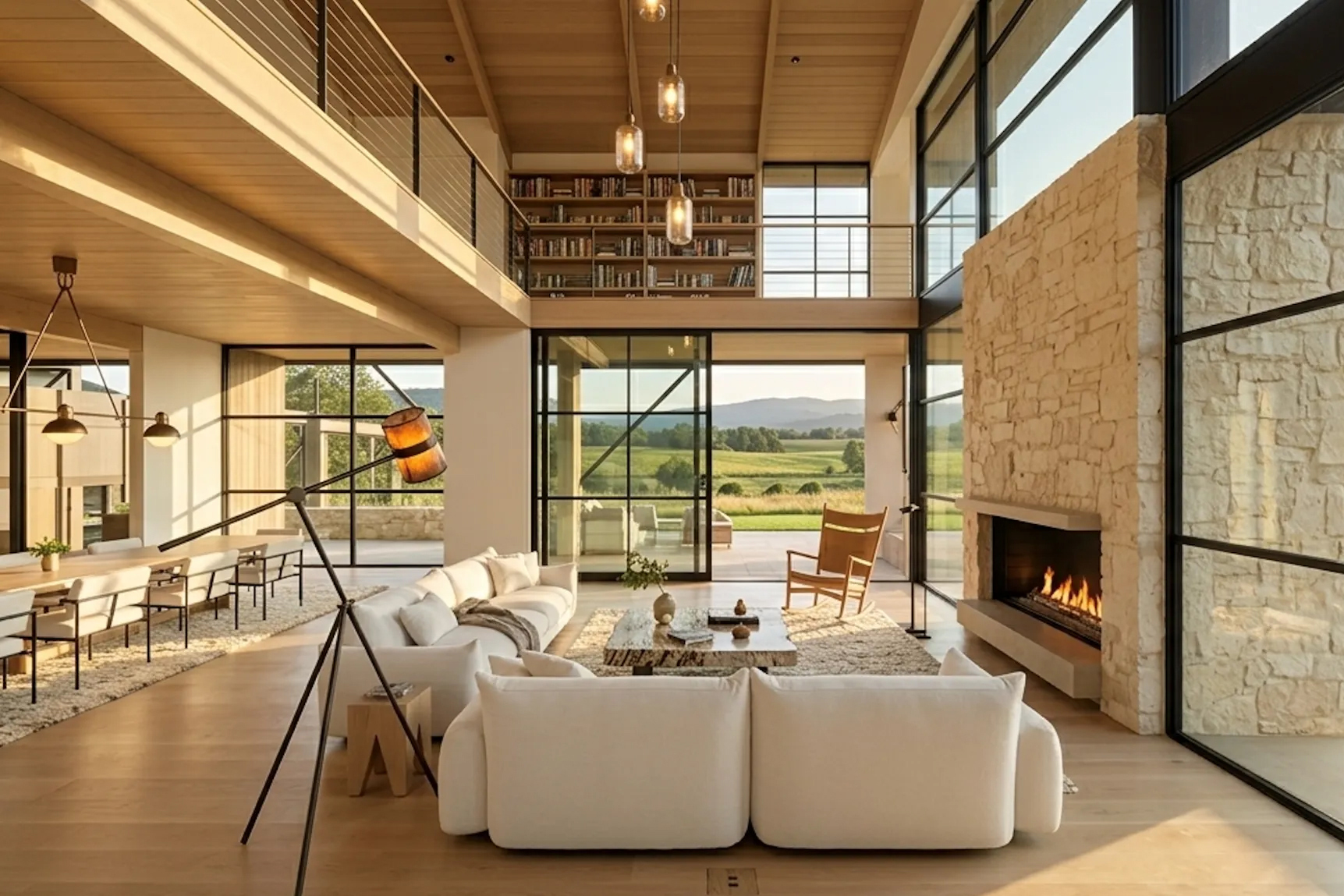 Open living room with floor-to-ceiling windows and a loft library in Petaluma, California.