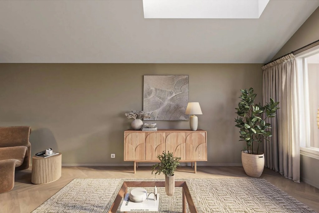 interior of home in Helsinki, Finland with warm neutral modern furnishings