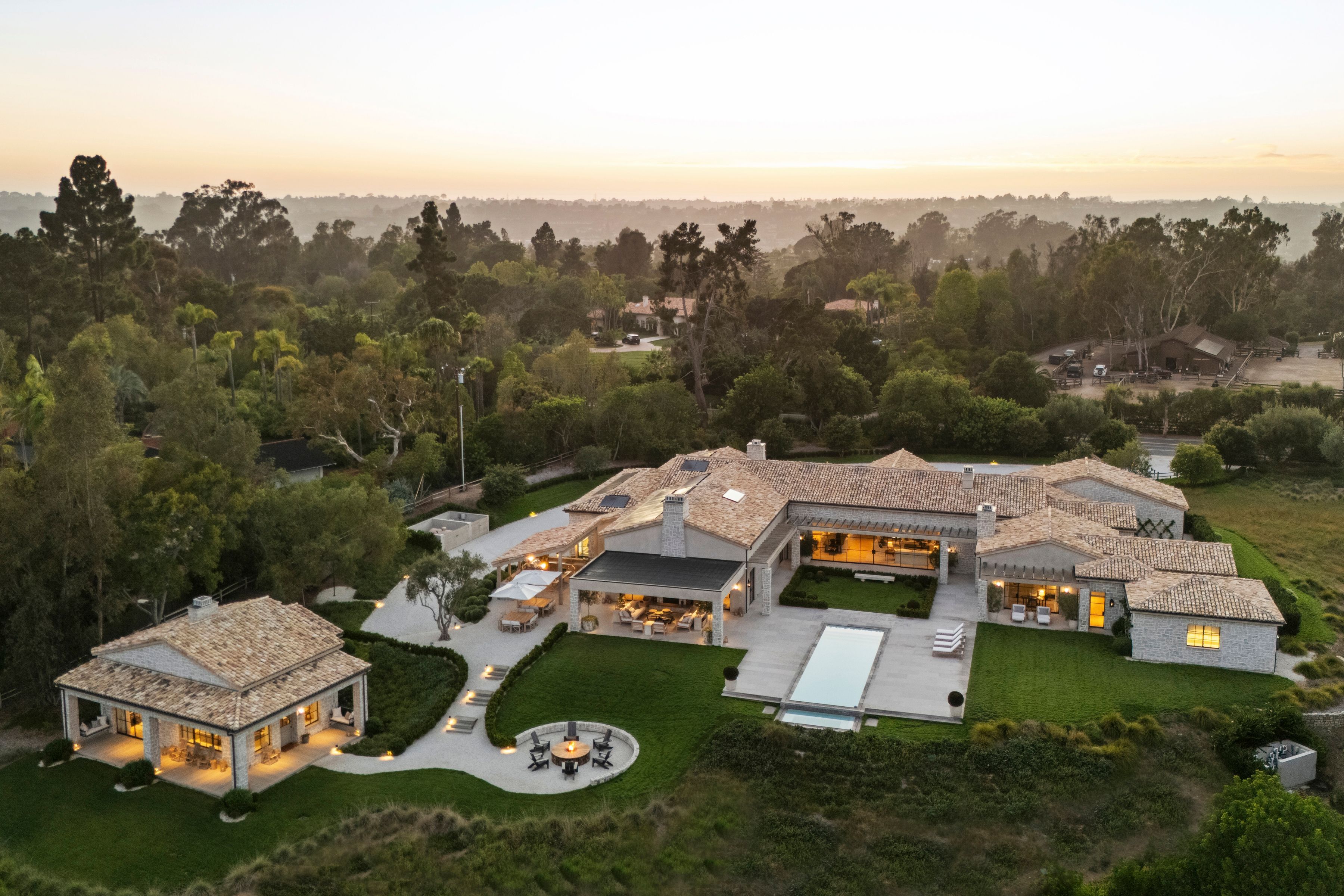 aerial rear view of Rancho Santa Fe luxury home Maison de Campagne