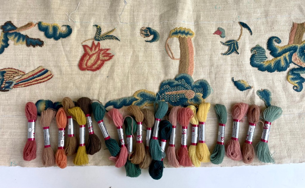Tapestry with 21 skeins of embroidery floss in contemporary colors from textile consultant Sarah King